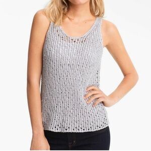 NWT Eileen Fisher Size Large Petite LP Sequin Chainmetal Mesh Tank Top Silver